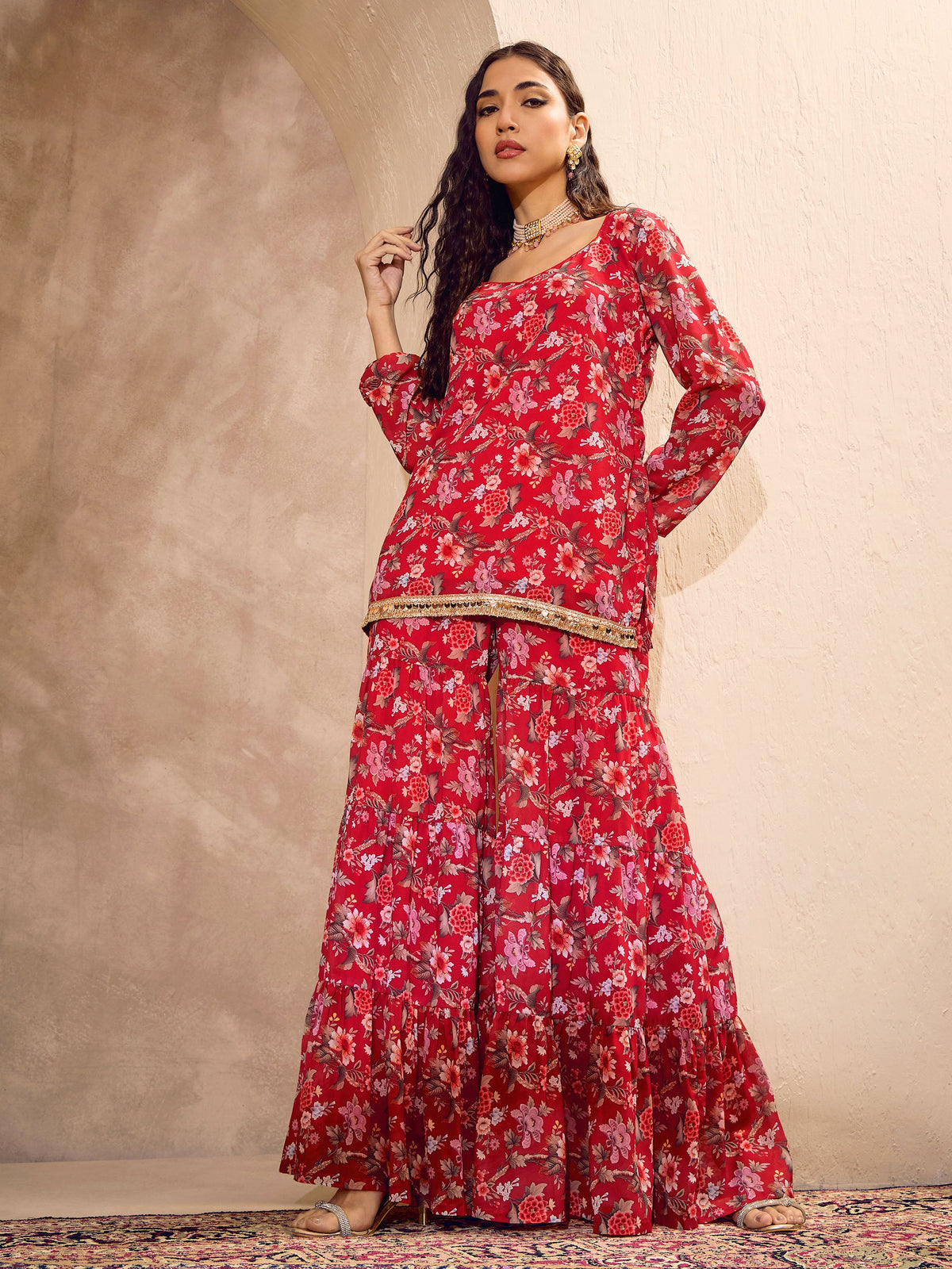 Red Floral Short Kurta With Tiered Sharara-Shae by SASSAFRAS