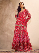 Red Floral Short Kurta With Tiered Sharara-Shae by SASSAFRAS