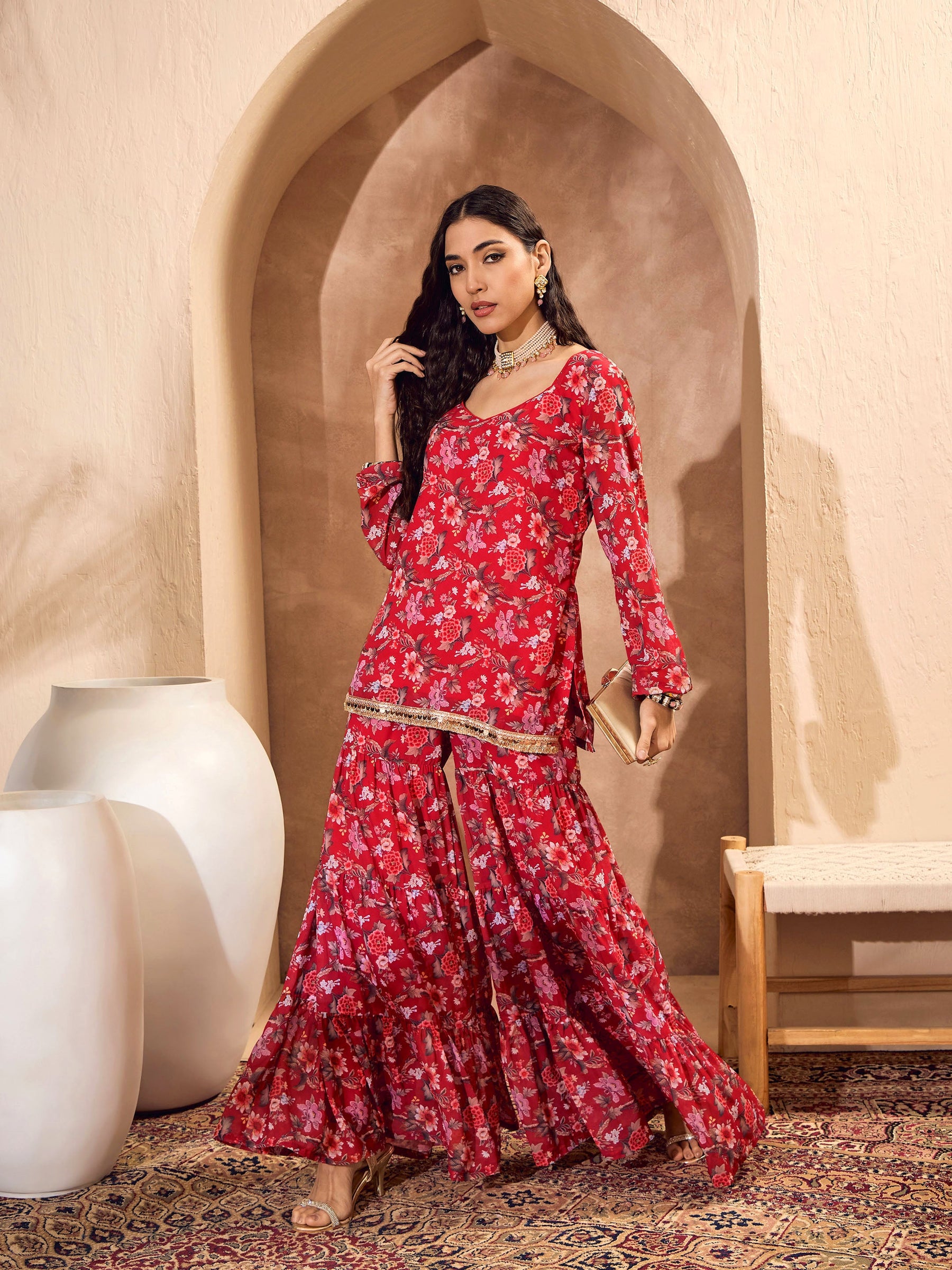 Red Floral Short Kurta With Tiered Sharara-Shae by SASSAFRAS