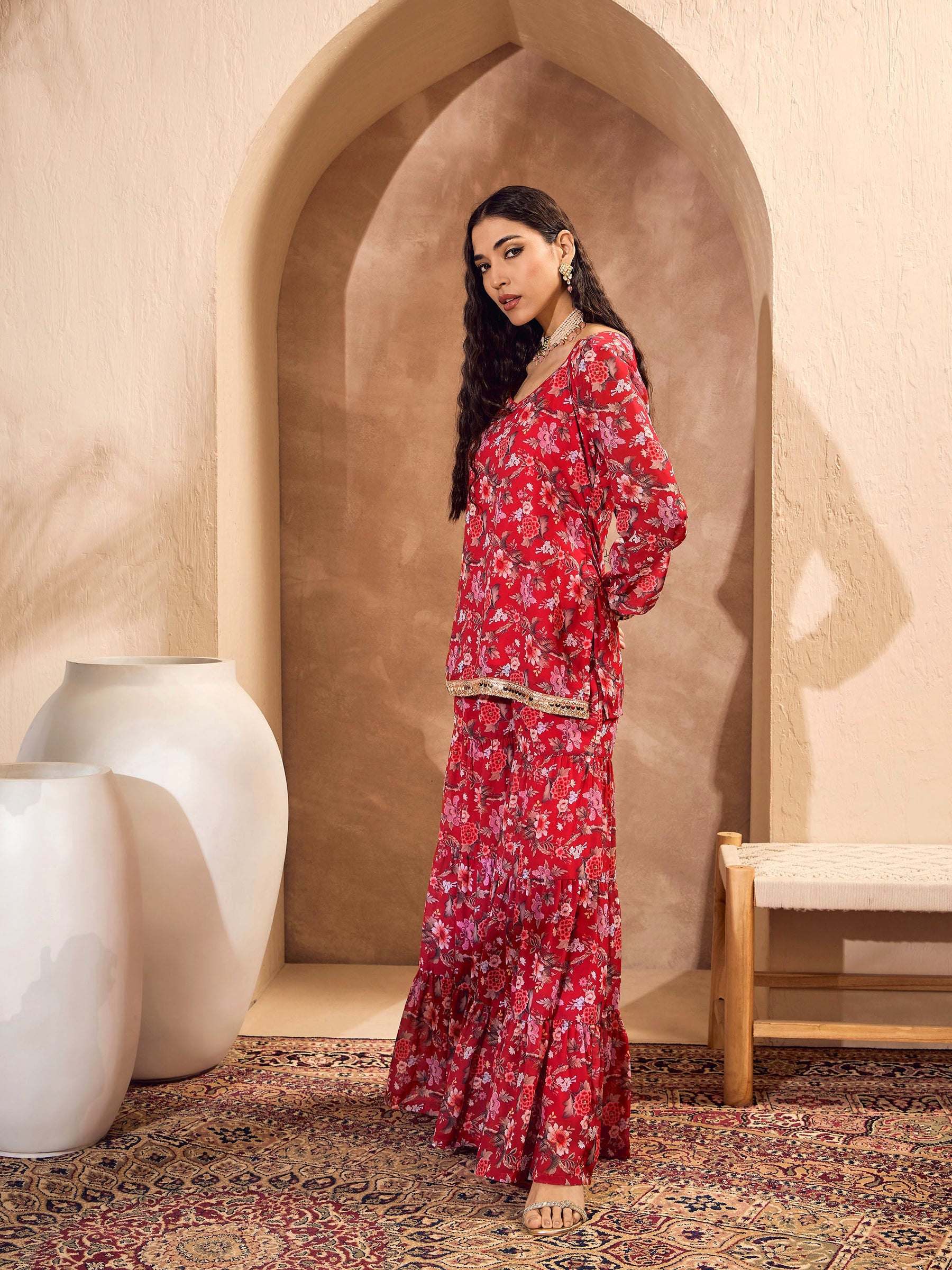 Red Floral Short Kurta With Tiered Sharara-Shae by SASSAFRAS