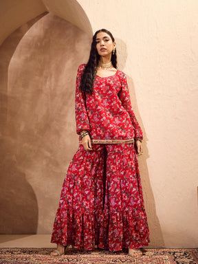 Red Floral Short Kurta With Tiered Sharara-Shae by SASSAFRAS