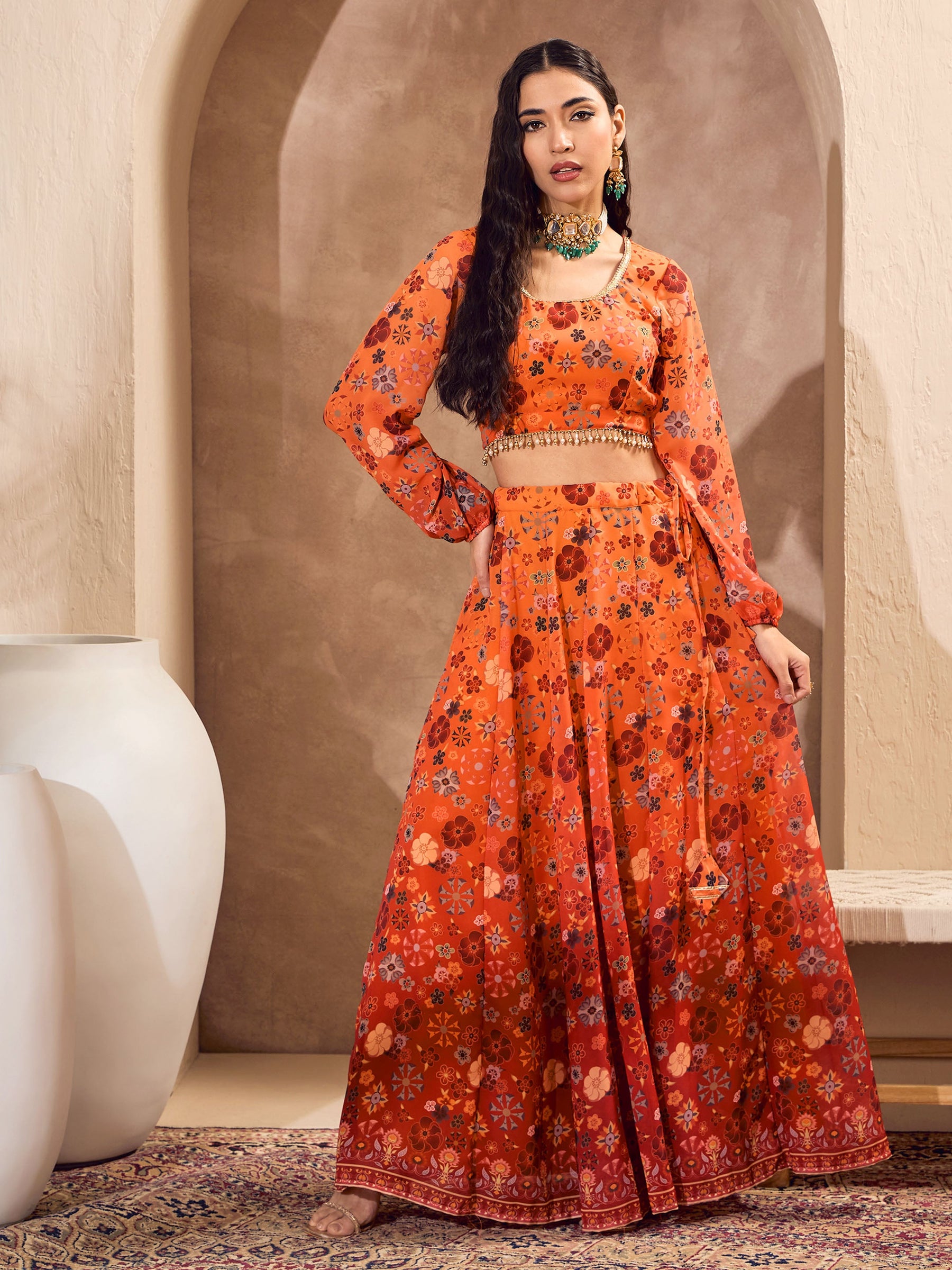 Orange Floral Back Tie Crop Top With Anarkali Skirt -Shae by SASSAFRAS