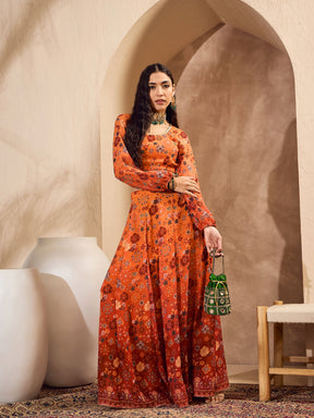 Orange Floral Back Tie Crop Top With Anarkali Skirt -Shae by SASSAFRAS