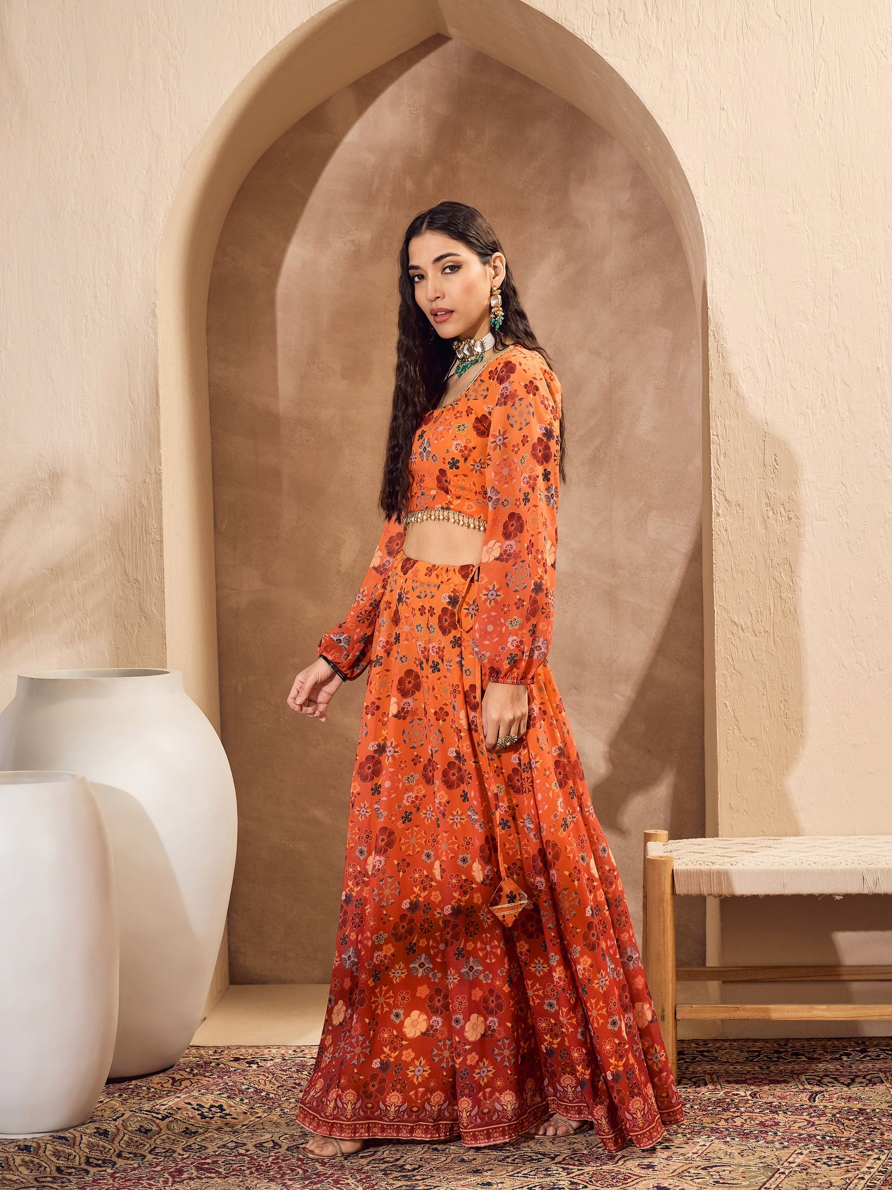 Orange Floral Back Tie Crop Top With Anarkali Skirt -Shae by SASSAFRAS