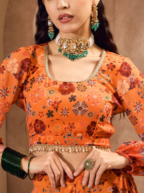 Orange Floral Back Tie Crop Top With Anarkali Skirt -Shae by SASSAFRAS