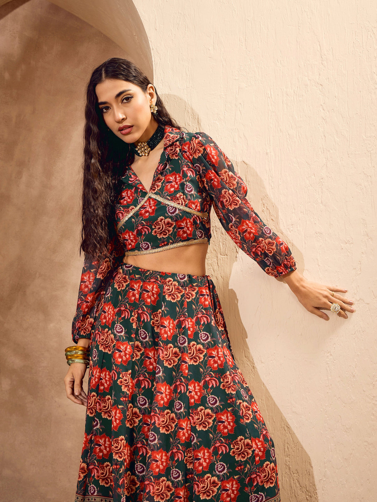 Green Floral Collar Crop Top With Anarkali Skirt-Shae by SASSAFRAS