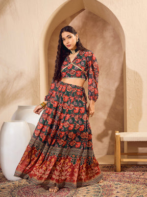 Green Floral Collar Crop Top With Anarkali Skirt-Shae by SASSAFRAS