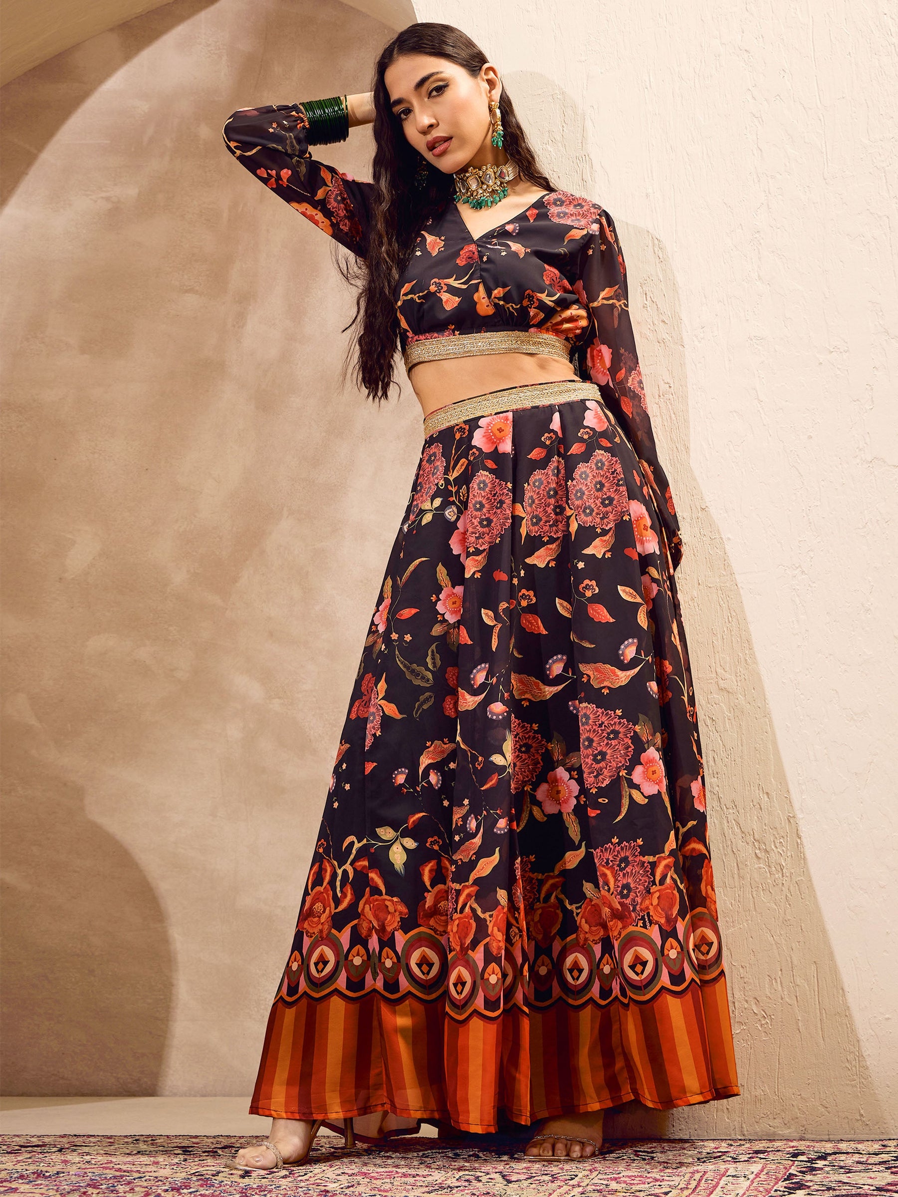 Black Floral Wrap Crop Top With Anarkali Skirt -Shae by SASSAFRAS