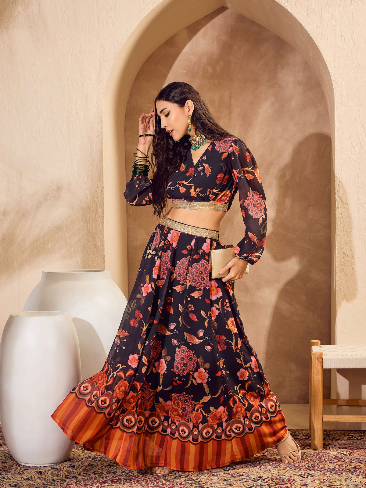 Black Floral Wrap Crop Top With Anarkali Skirt -Shae by SASSAFRAS