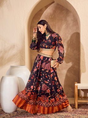 Black Floral Wrap Crop Top With Anarkali Skirt -Shae by SASSAFRAS