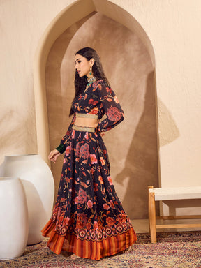 Black Floral Wrap Crop Top With Anarkali Skirt -Shae by SASSAFRAS