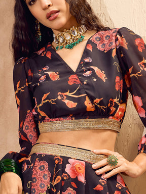 Black Floral Wrap Crop Top With Anarkali Skirt -Shae by SASSAFRAS