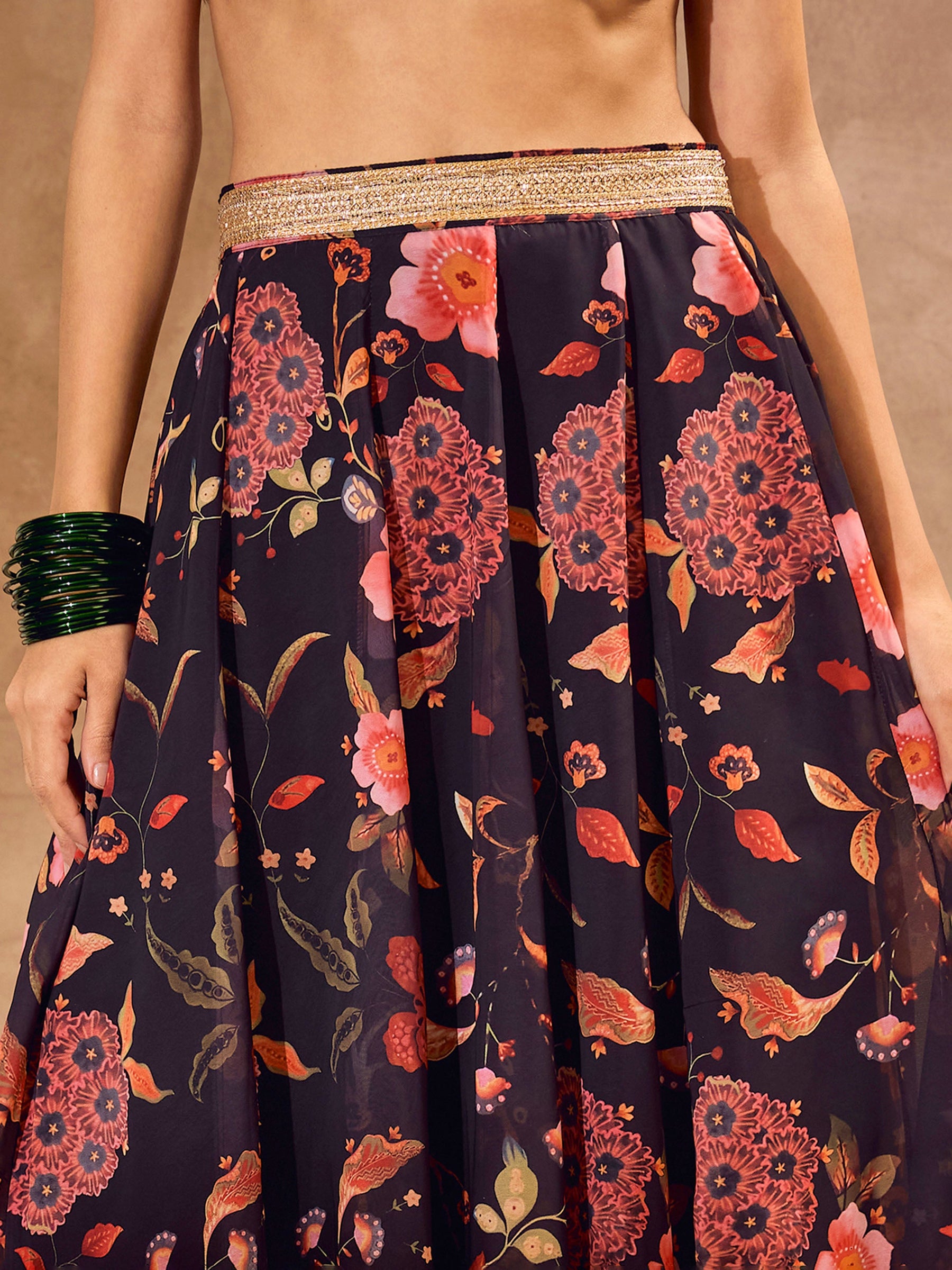 Black Floral Wrap Crop Top With Anarkali Skirt -Shae by SASSAFRAS