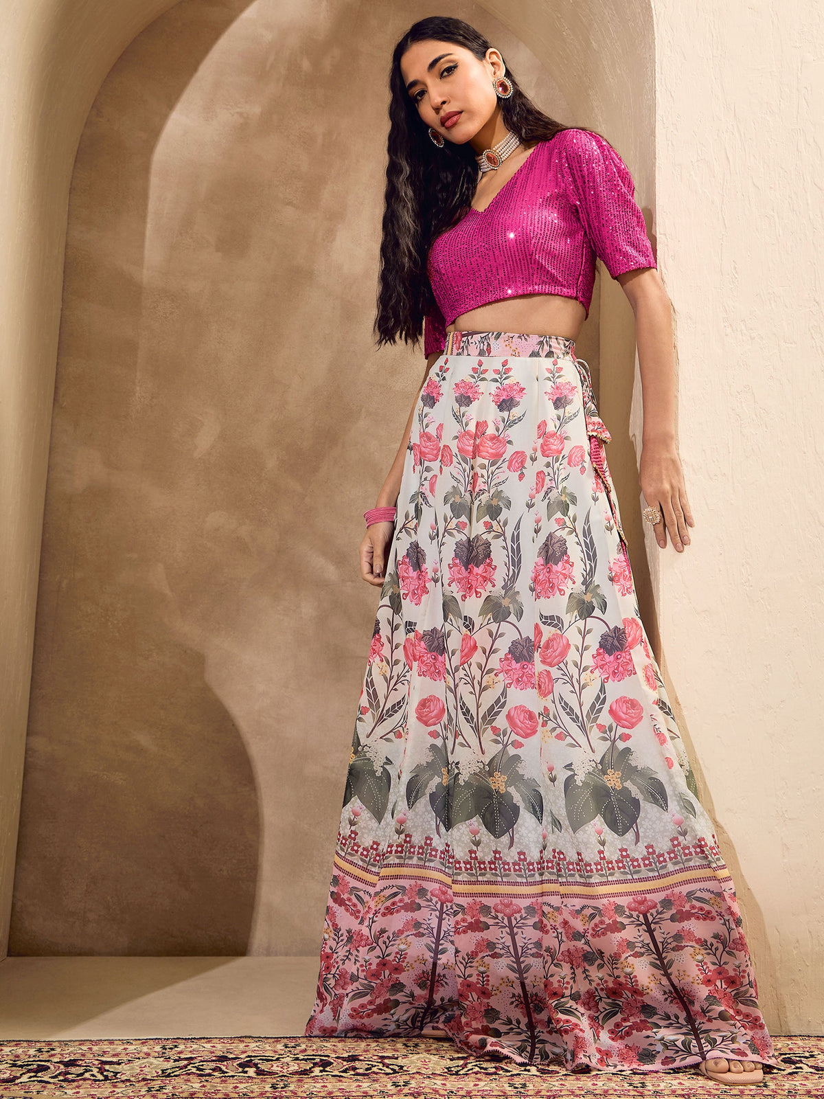 Pink Sequins Crop Top With Floral Anarkali Skirt-Shae by SASSAFRAS