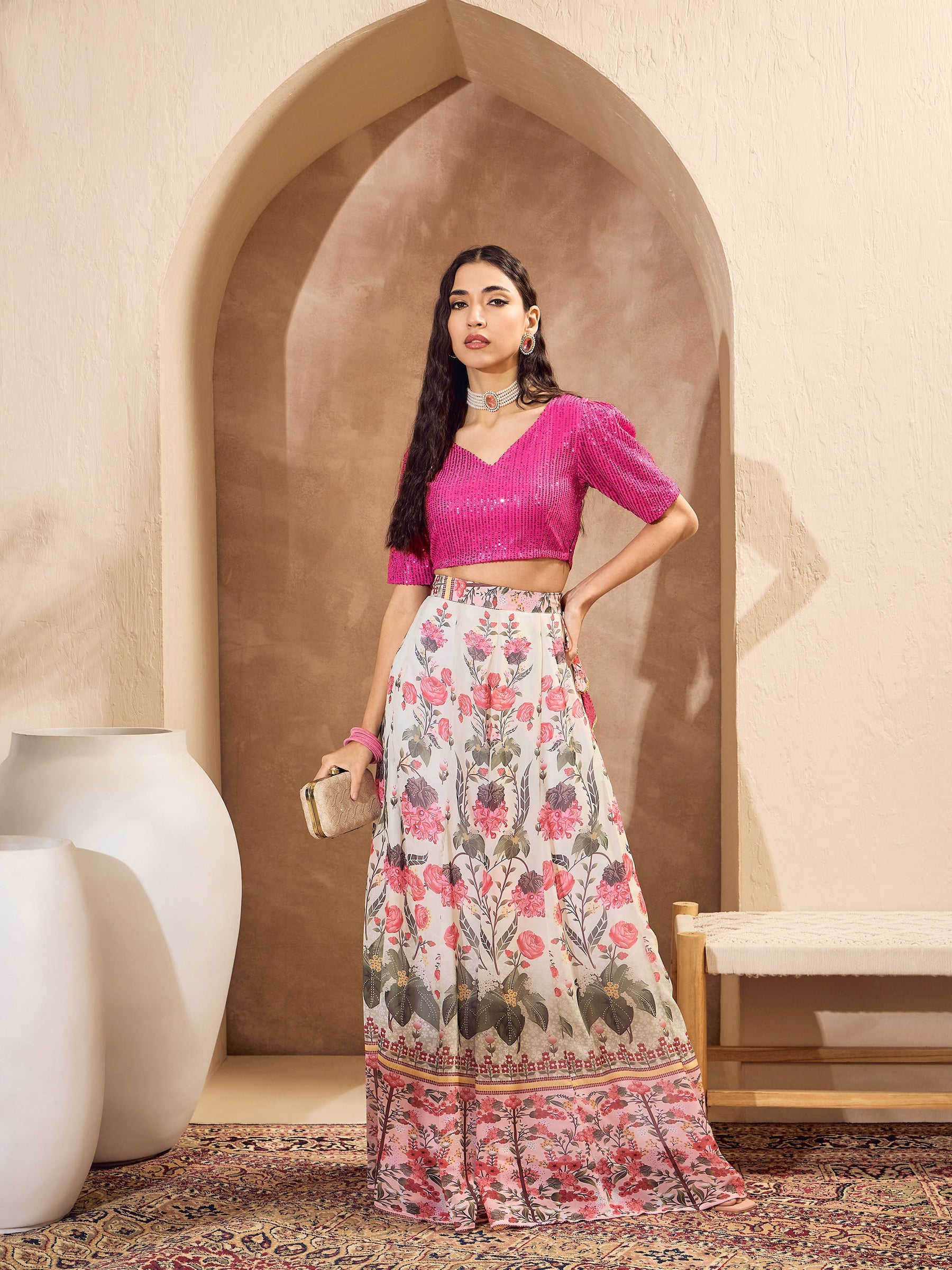 Pink Sequins Crop Top With Floral Anarkali Skirt-Shae by SASSAFRAS