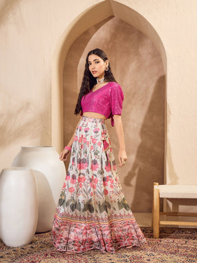 Pink Sequins Crop Top With Floral Anarkali Skirt-Shae by SASSAFRAS