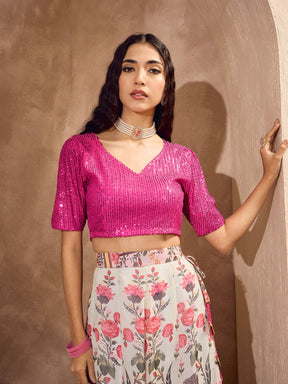 Pink Sequins Crop Top With Floral Anarkali Skirt-Shae by SASSAFRAS