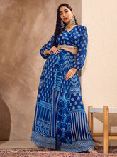 Blue Floral Wrap Crop Top With Anarkali Skirt-Shae by SASSAFRAS