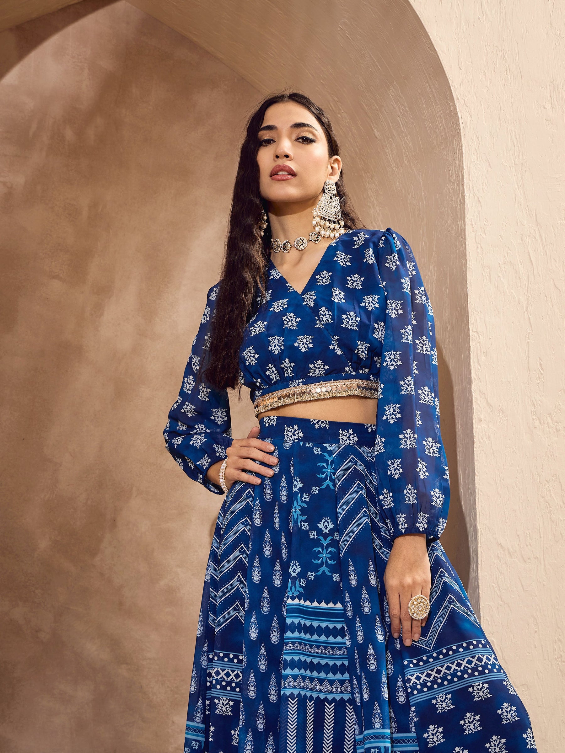 Blue Floral Wrap Crop Top With Anarkali Skirt-Shae by SASSAFRAS