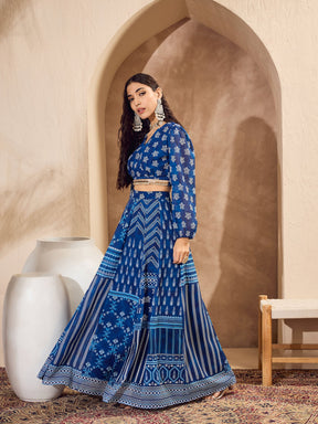 Blue Floral Wrap Crop Top With Anarkali Skirt-Shae by SASSAFRAS