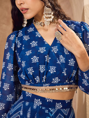 Blue Floral Wrap Crop Top With Anarkali Skirt-Shae by SASSAFRAS