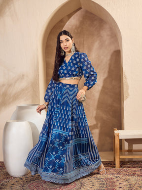 Blue Floral Wrap Crop Top With Anarkali Skirt-Shae by SASSAFRAS