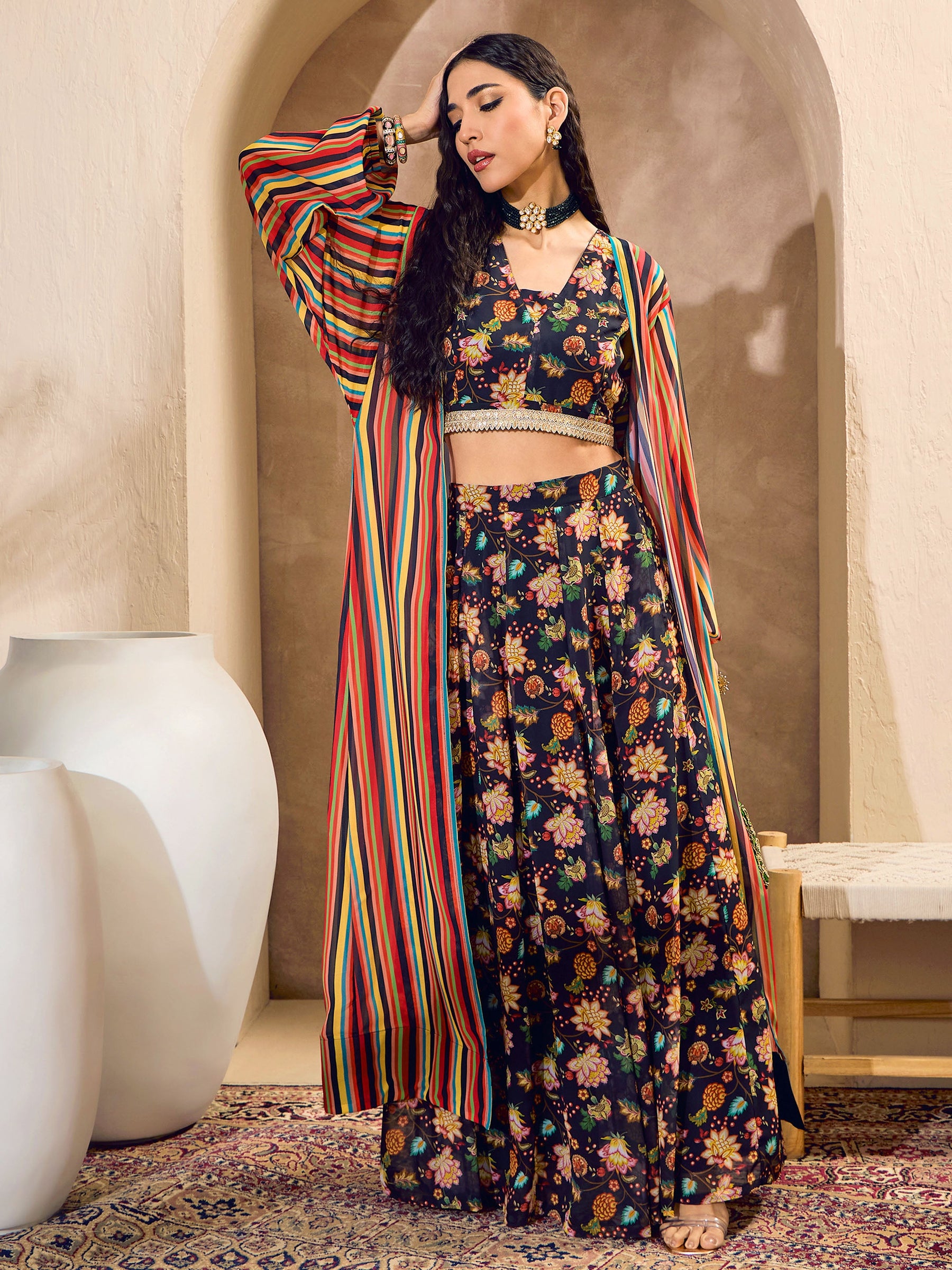 Buy Black Floral Crop Top With Anarkali Skirt And Shrug Online At