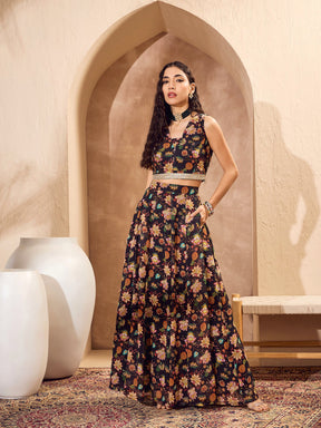 Black Floral Crop Top With Anarkali Skirt And Shrug-Shae by SASSAFRAS