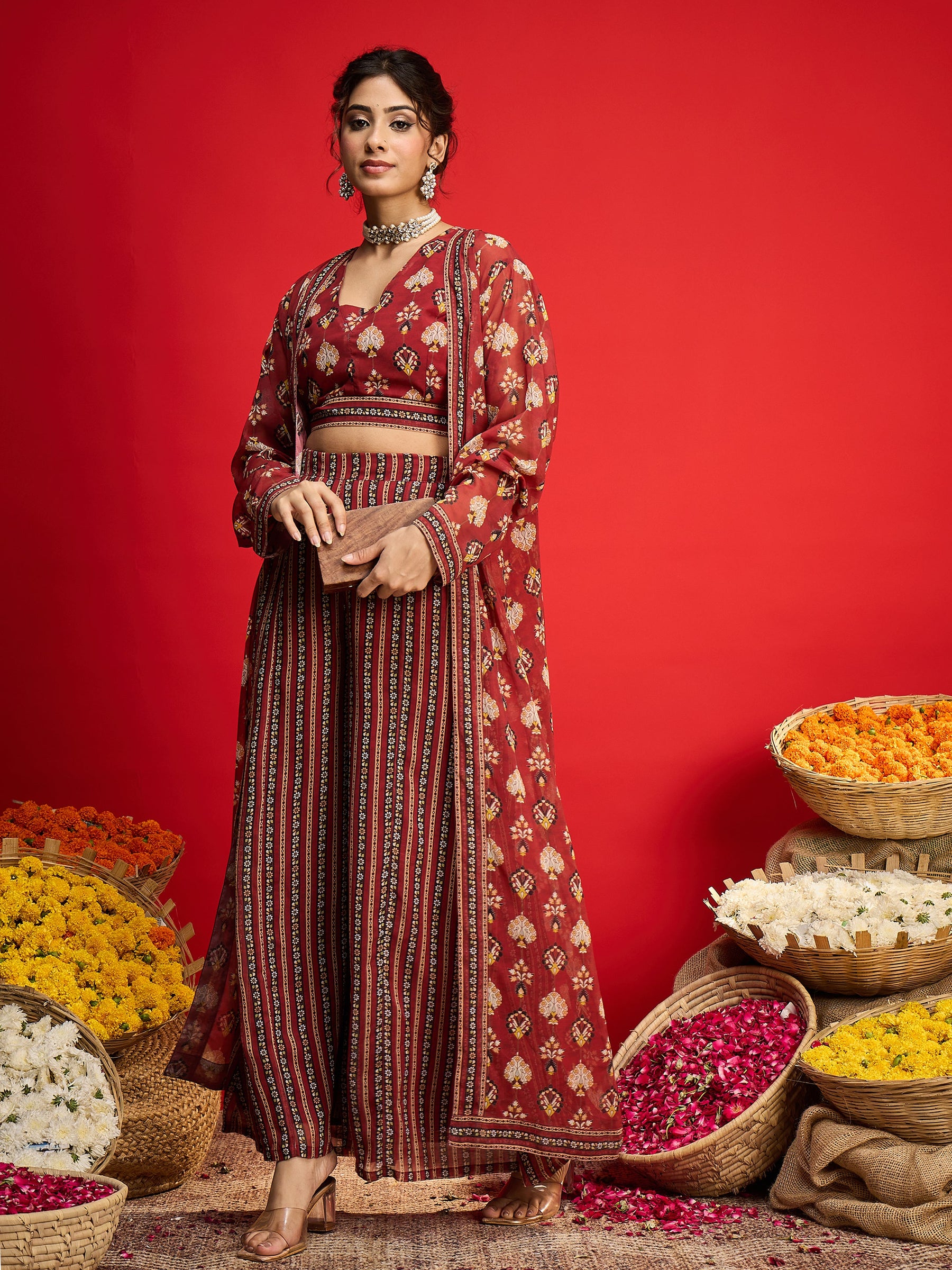 Maroon Floral Crop Top With Palazzo Pants & Shrug-Shae by SASSAFRAS