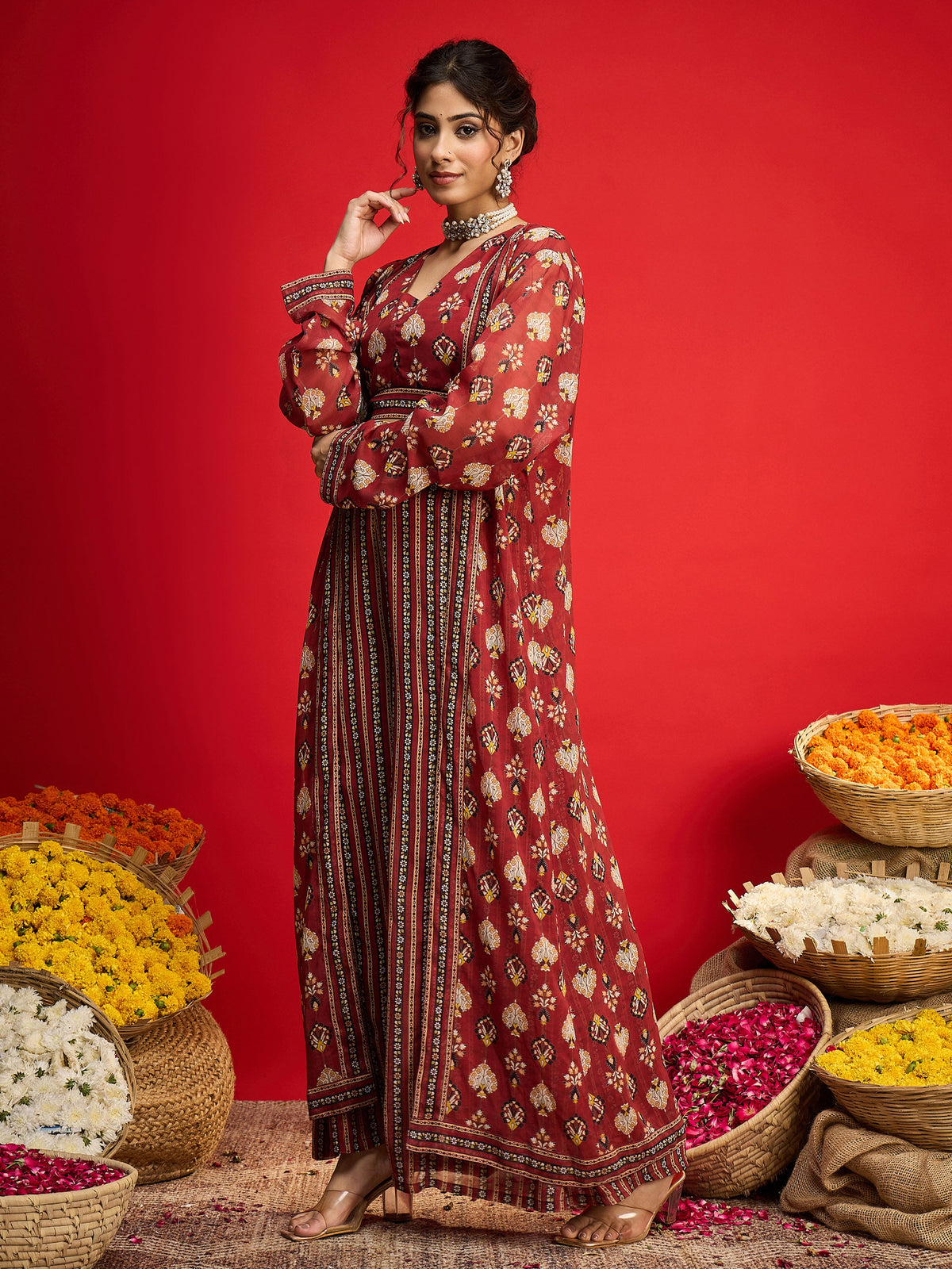 Maroon Floral Crop Top With Palazzo Pants & Shrug-Shae by SASSAFRAS