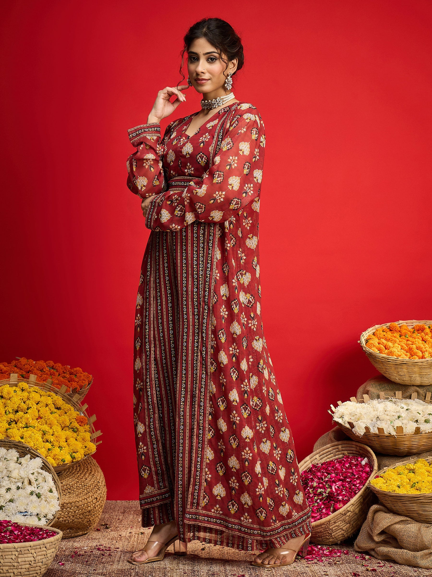Maroon Floral Crop Top With Palazzo Pants & Shrug-Shae by SASSAFRAS