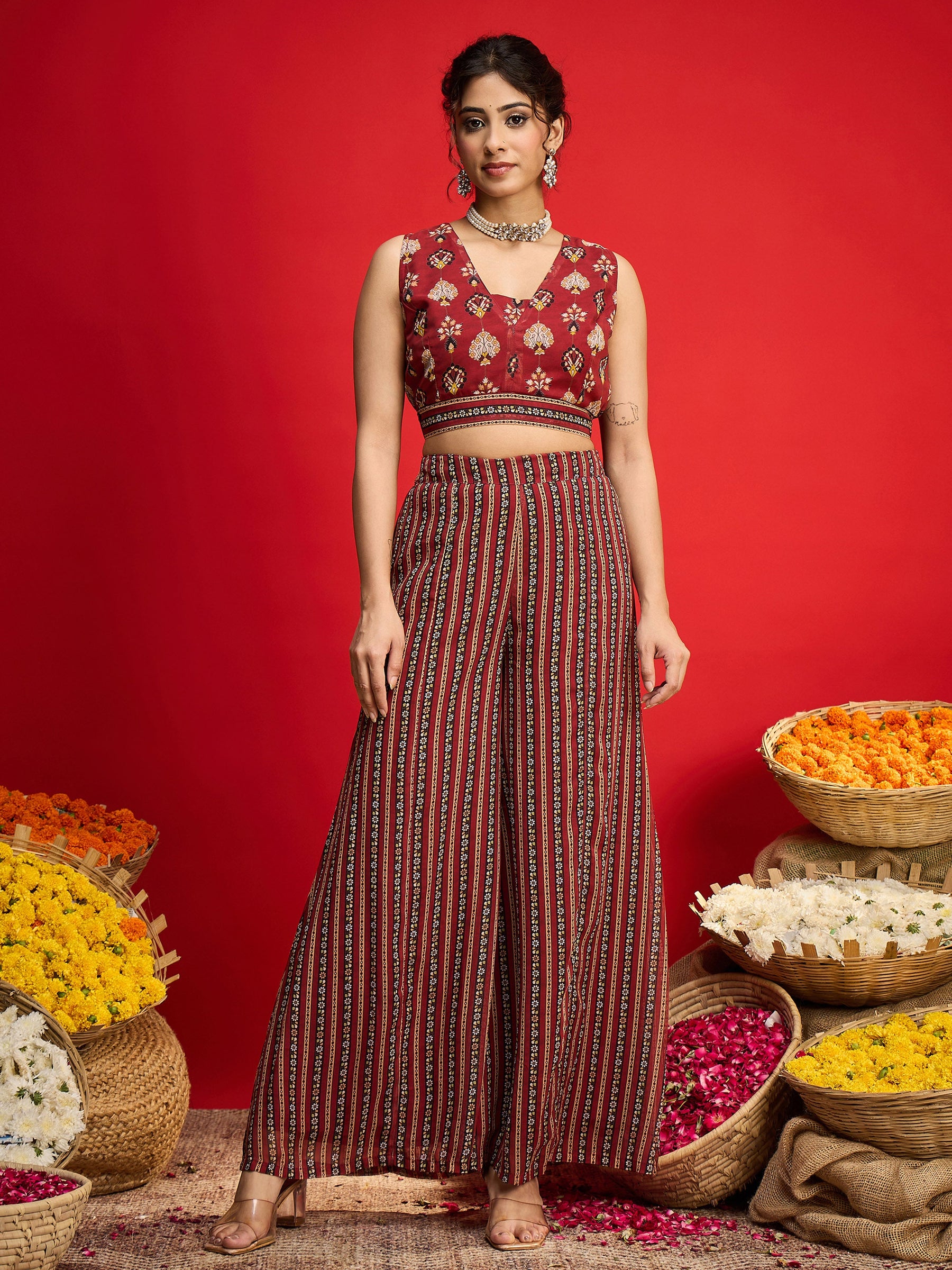 Maroon Floral Crop Top With Palazzo Pants & Shrug-Shae by SASSAFRAS