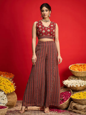 Maroon Floral Crop Top With Palazzo Pants & Shrug-Shae by SASSAFRAS
