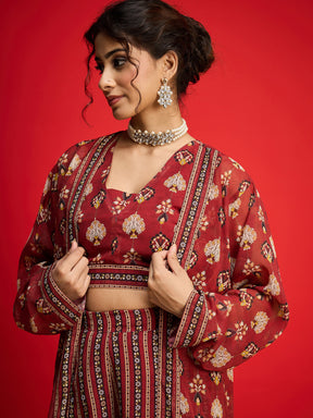 Maroon Floral Crop Top With Palazzo Pants & Shrug-Shae by SASSAFRAS
