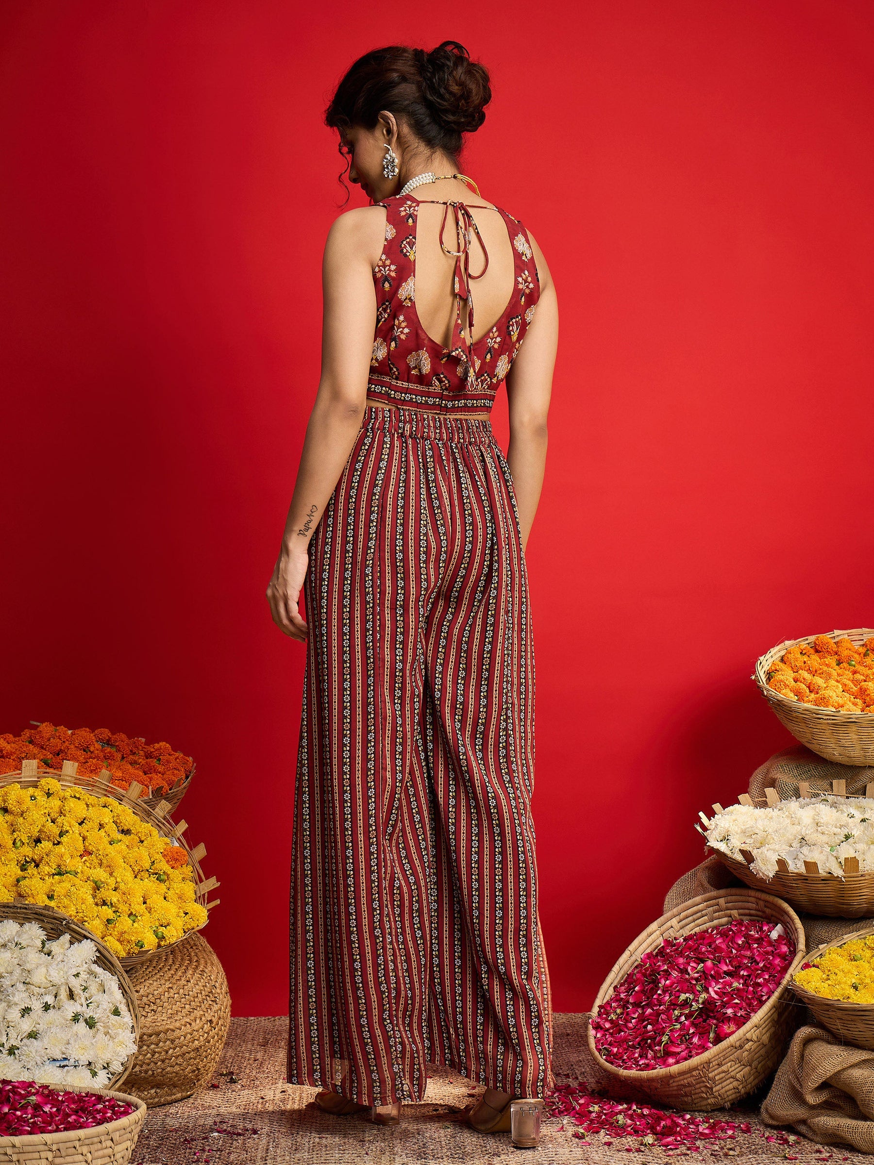 Maroon Floral Crop Top With Palazzo Pants & Shrug-Shae by SASSAFRAS