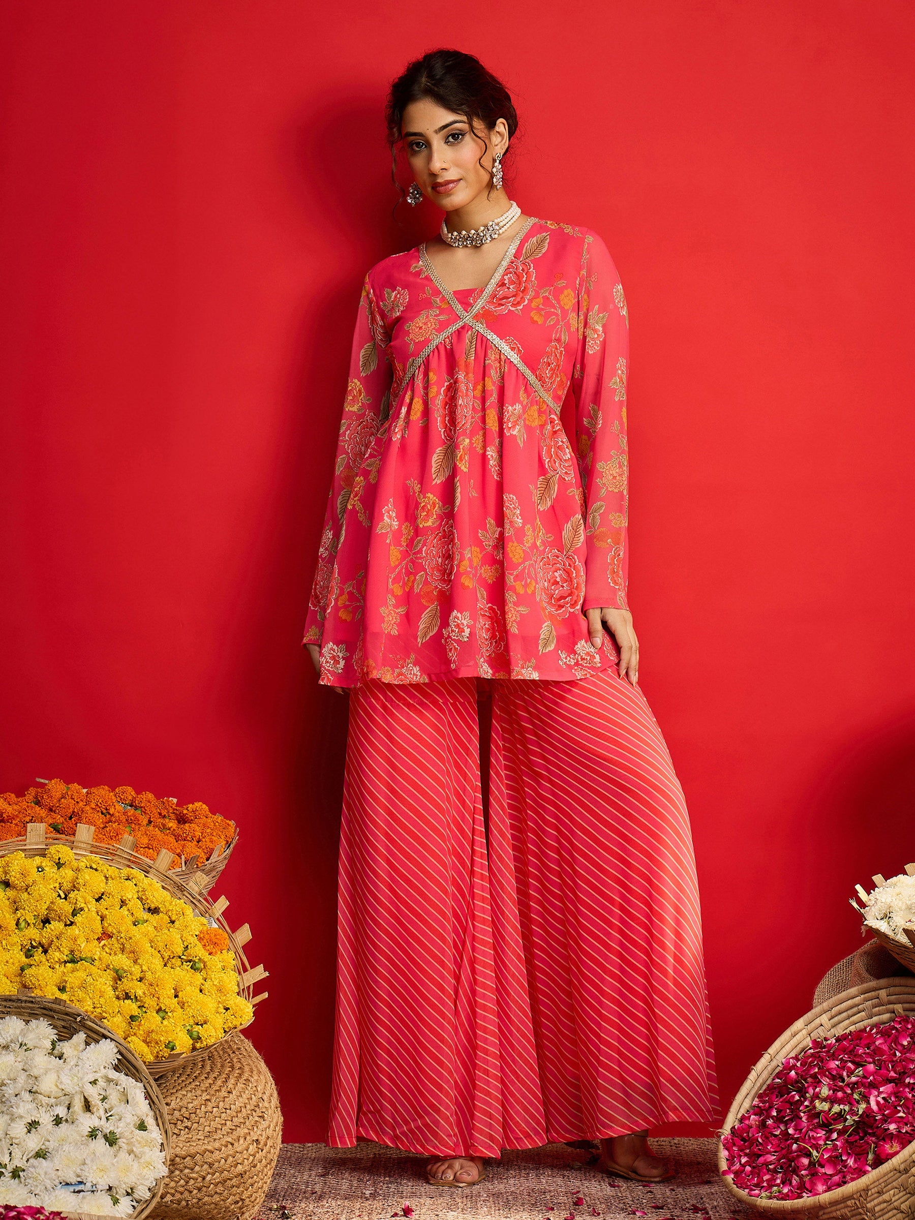 Buy Women Pink Floral V Neck Peplum Top With Sharara Pants Online at Best Price - Sassafras
