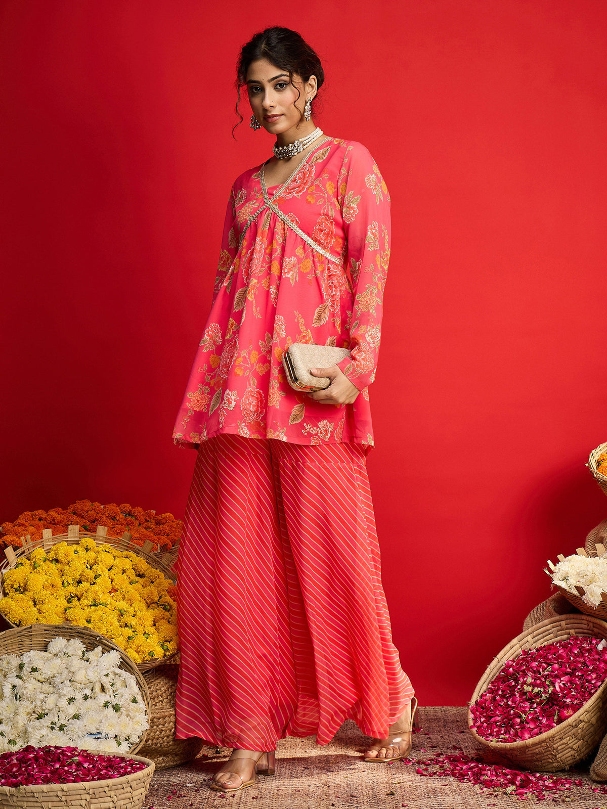 Pink Floral V Neck Peplum Top With Sharara Pants -Shae by SASSAFRAS