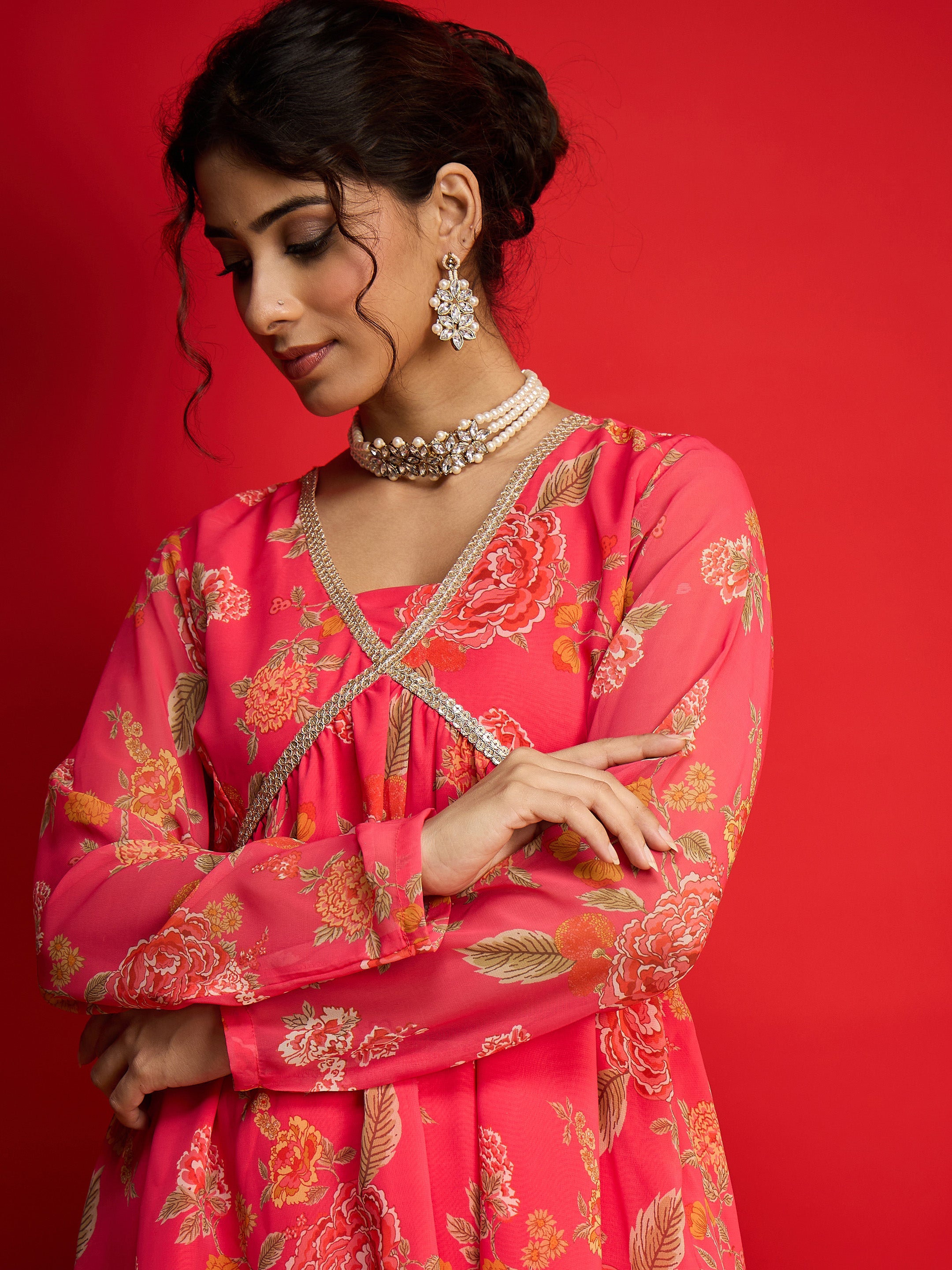 Pink Floral V Neck Peplum Top With Sharara Pants -Shae by SASSAFRAS