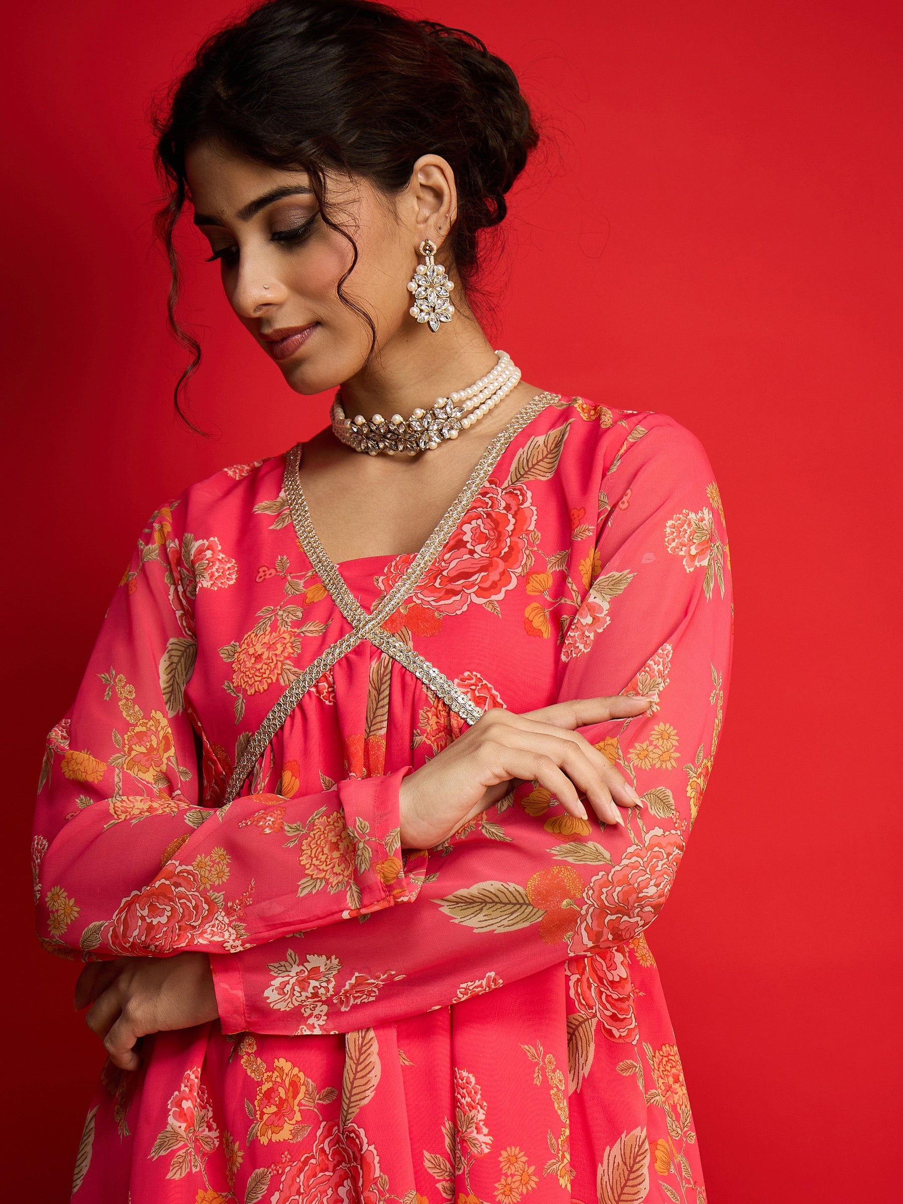 Pink Floral V Neck Peplum Top With Sharara Pants -Shae by SASSAFRAS
