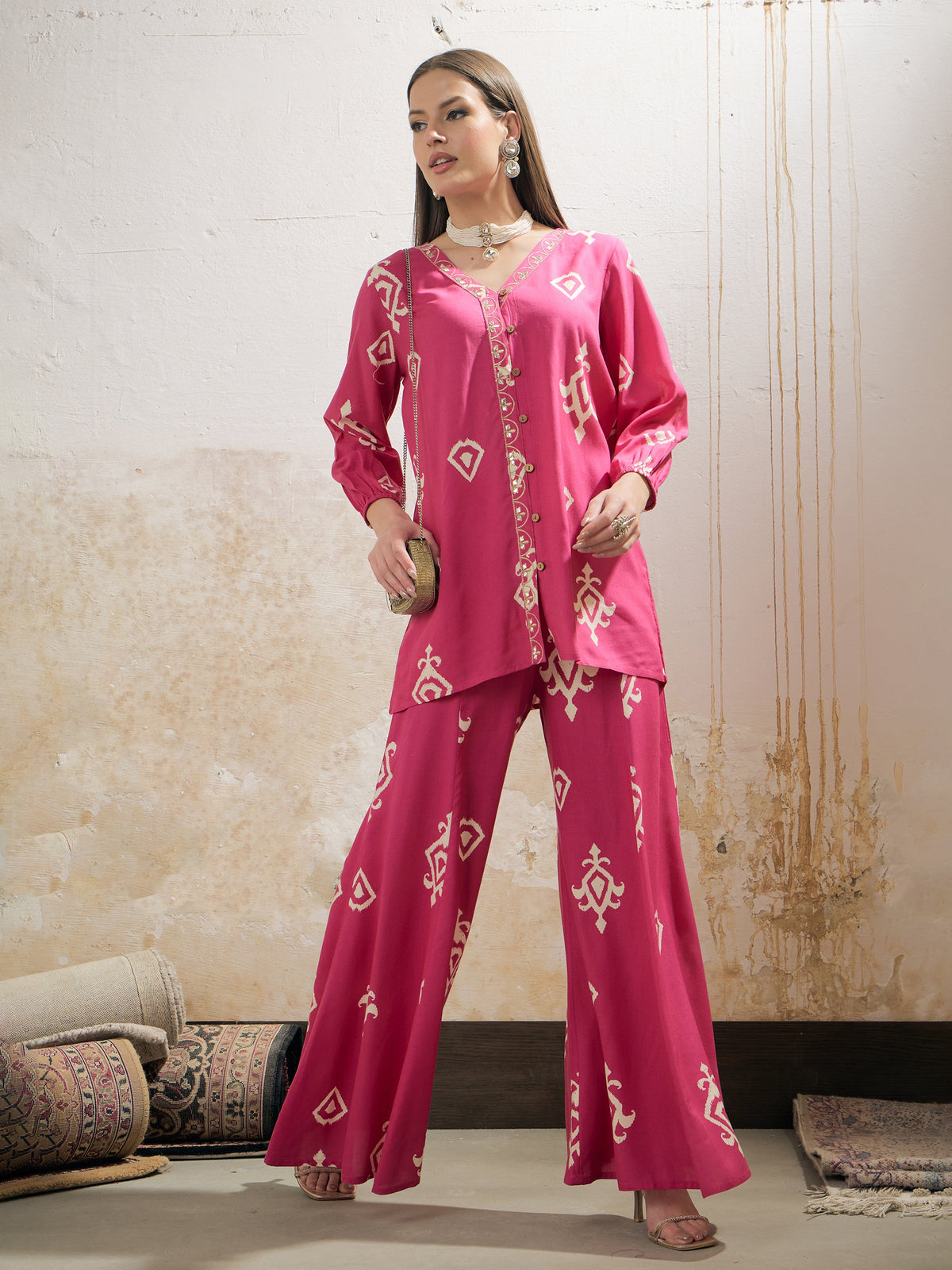 Pink & White Ethnic Motif Rayon Shirt With Palazzos-Shae by SASSAFRAS