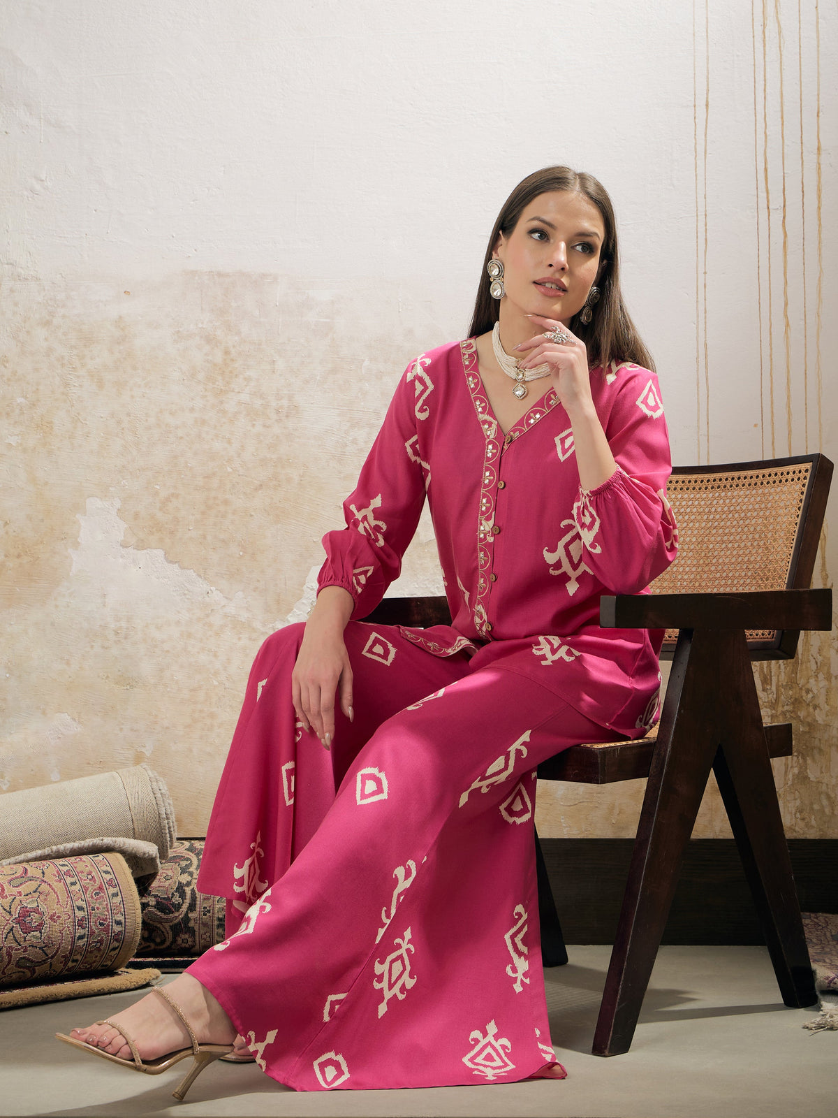Pink & White Ethnic Motif Rayon Shirt With Palazzos-Shae by SASSAFRAS