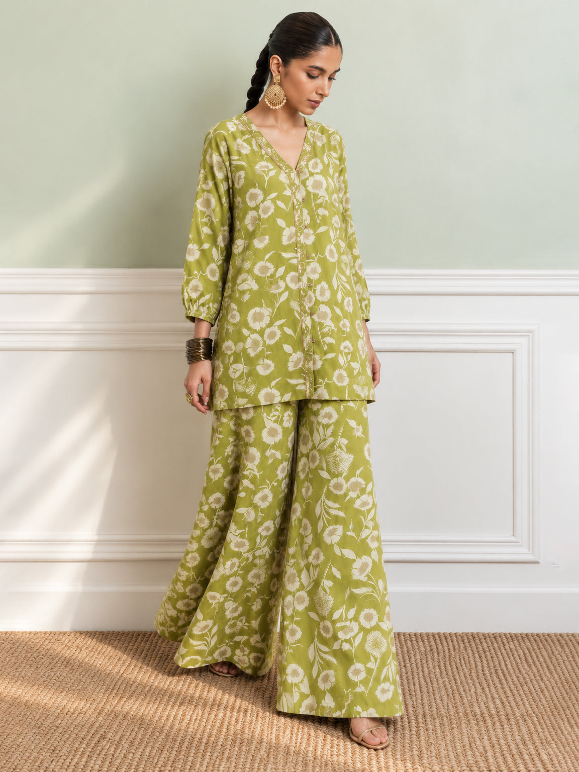 Women Green & White Floral Rayon Shirt With Palazzos