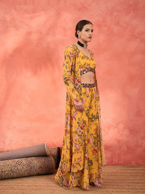 Yellow Floral Crop Top With Palazzo Pants & Shrug-Shae by SASSAFRAS