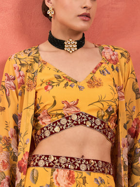 Yellow Floral Crop Top With Palazzo Pants & Shrug-Shae by SASSAFRAS