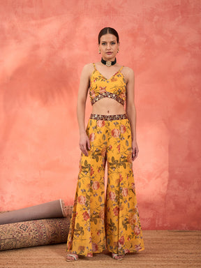 Yellow Floral Crop Top With Palazzo Pants & Shrug-Shae by SASSAFRAS