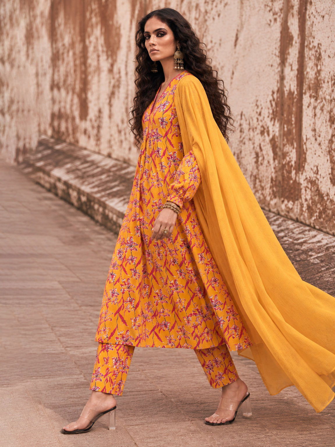 Women Yellow Floral Cambric V Neck Kurta With Pencil Pants & Dupatta