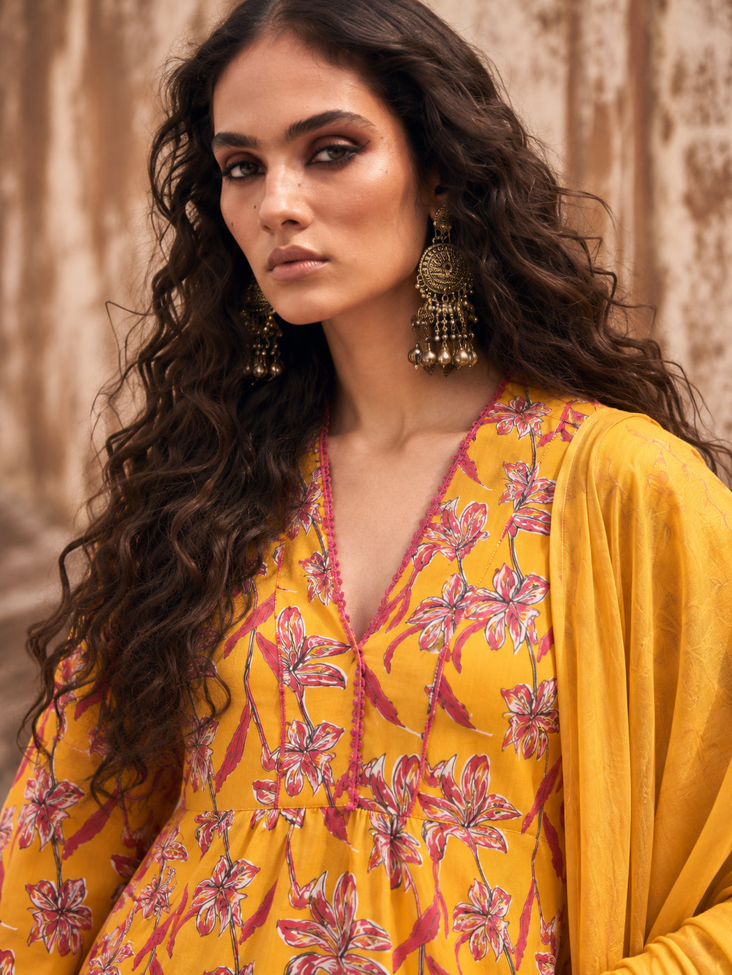 Women Yellow Floral Cambric V Neck Kurta With Pencil Pants & Dupatta