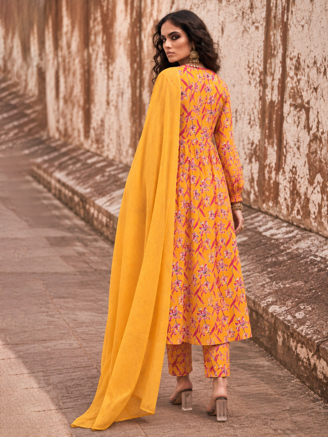 Women Yellow Floral Cambric V Neck Kurta With Pencil Pants & Dupatta