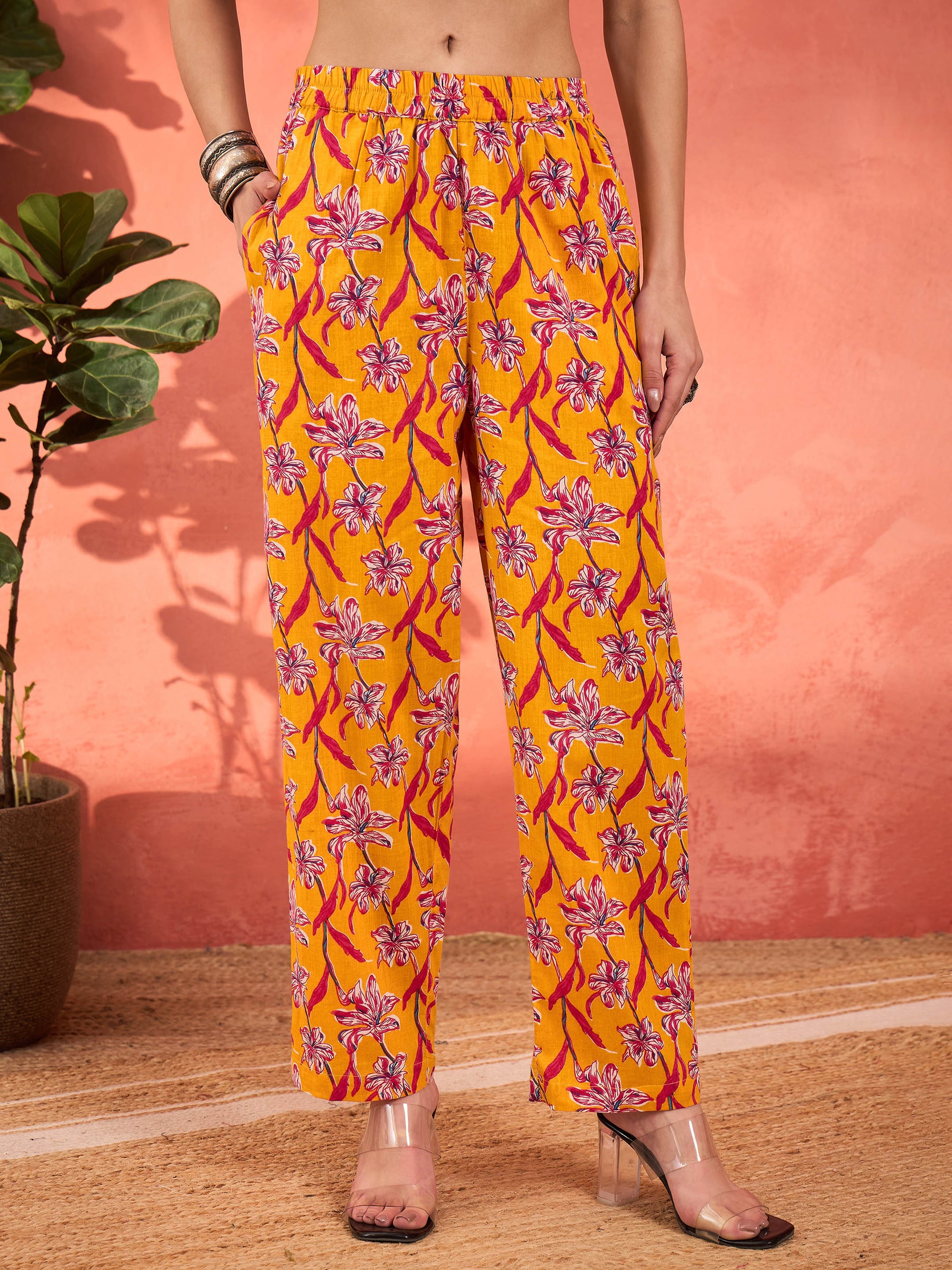 Women Yellow Floral Cambric V Neck Kurta With Pencil Pants & Dupatta