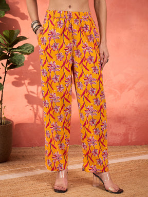 Women Yellow Floral Cambric V Neck Kurta With Pencil Pants & Dupatta